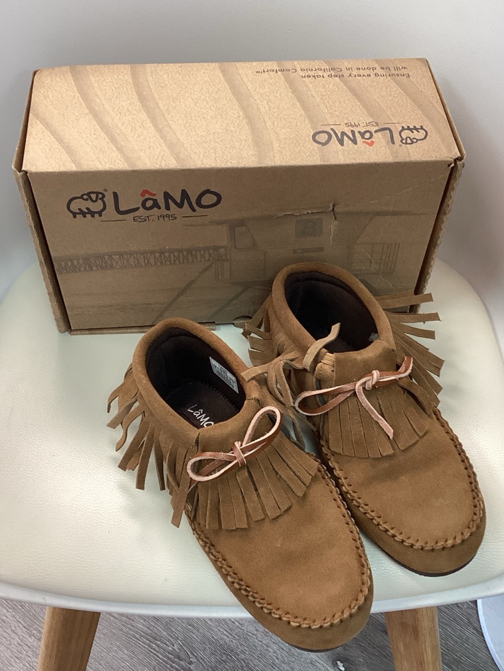 Lamo Chestnut Suede Fringe Moccasin Boots